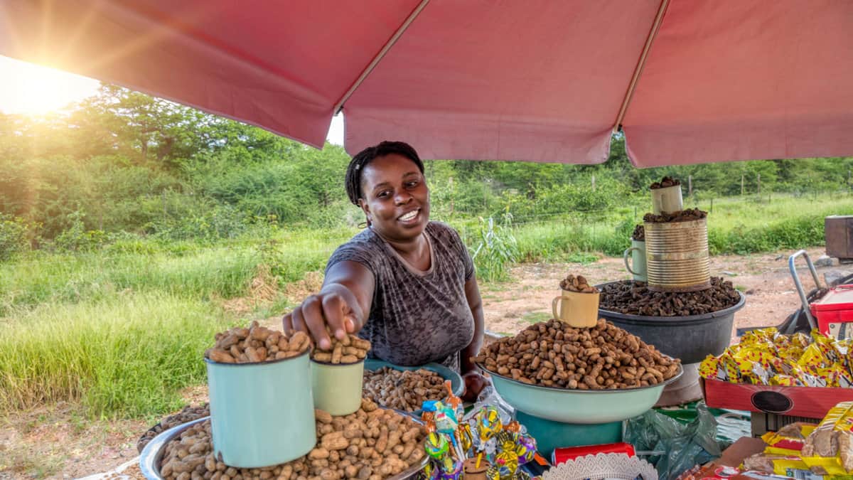 Une femme vendant des cacahuètes et des vers mopane.
