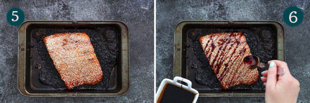 collage montrant l'aspect du saumon teriyaki cuit au four et comment le napper de sauce teriyaki