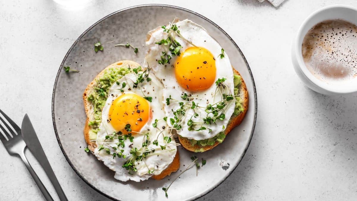 Deux toasts garnis d'œufs frits.
