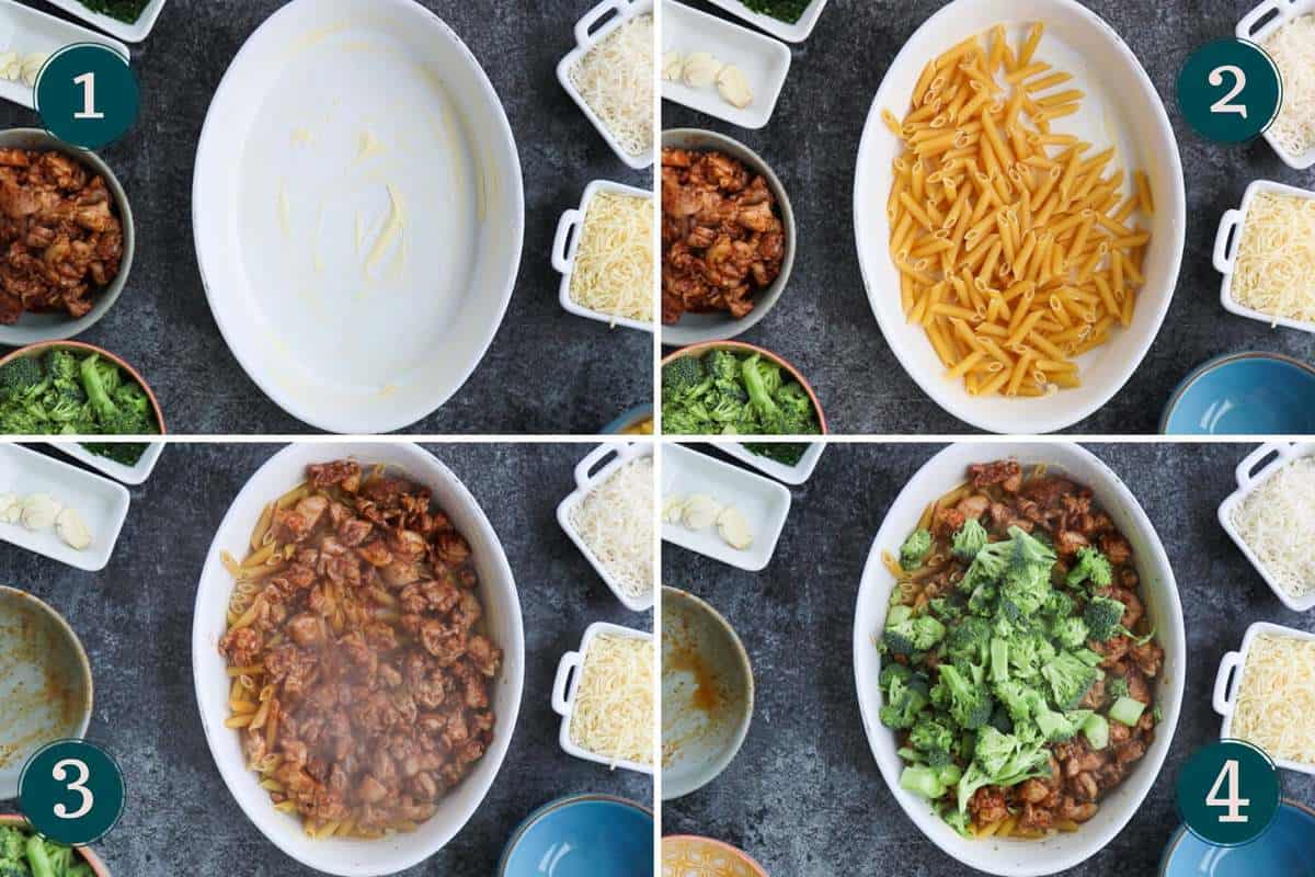 collage montrant comment préparer le gratin de poulet et brocoli.