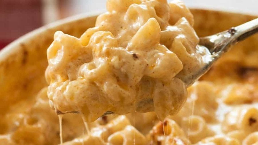 Une cuillère de Mac and Cheese au fromage.
