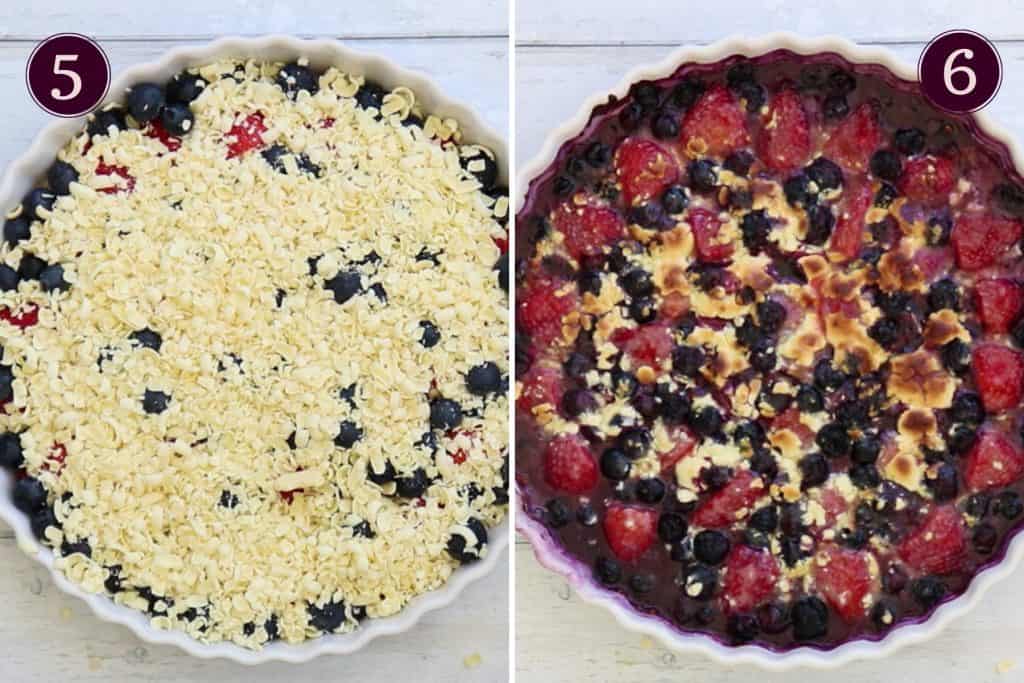 collage montrant un gâteau aux fruits avant et après cuisson